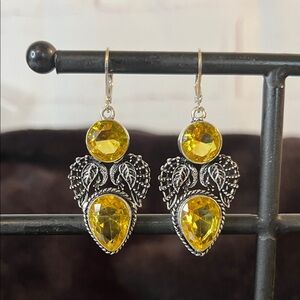 Natural & Faceted Artisan Crafted Citrine Leaf Earrings in Sterling Silver 1.5”